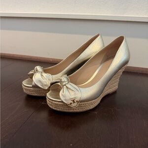 Tory Burch Metallic Gold Peep-Toe Wedge Espadrille with Bow Accent